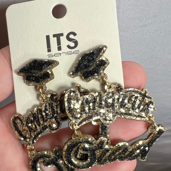 ITS Sense Black and Gold Graduation Cap Congrats Grad Dangle Earrings NWT - Picture 3 of 6